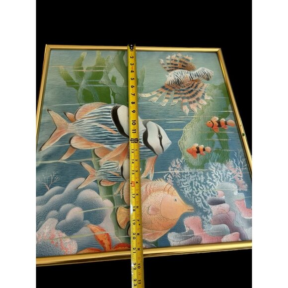 Vtg Original Thick Texture Oil Painting Tropical Fish Brass Frame 20" Registered - Picture 8 of 13